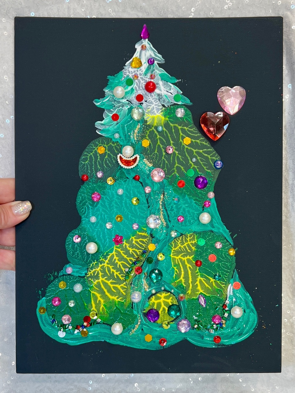 Handmade Embellished Christmas Tree Wall Art - Green Original Handmade 9" x 12"